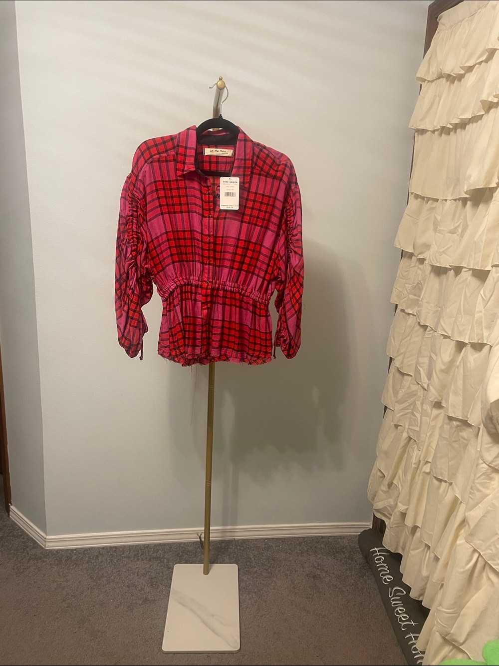 We The Free Red and Pink Plaid Button-Down Shirt